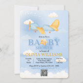 飛行機、雲と星、青、男の赤ちゃん、かわいい 招待状 (正面)