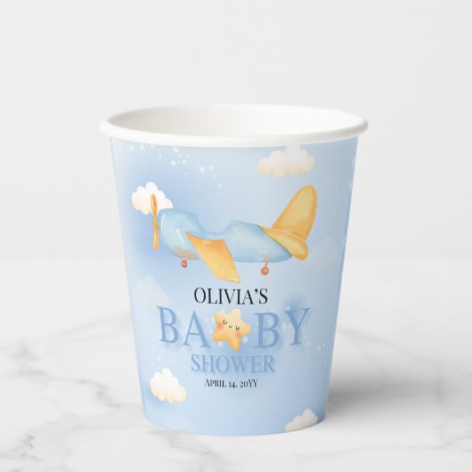 飛行機、雲と星、青、男の赤ちゃん、かわいい 紙コップ (正面)