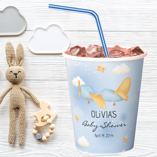 飛行機、雲と星、青、男の赤ちゃん、かわいい 紙コップ