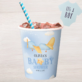 飛行機、雲と星、青、男の赤ちゃん、かわいい 紙コップ