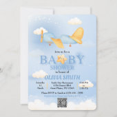 飛行機、雲と星、青、赤ちゃん男の子、かわいい 招待状 (正面)