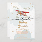 飛行機、雲の星の仮想ベビーシャワー 招待状 (正面/裏面)