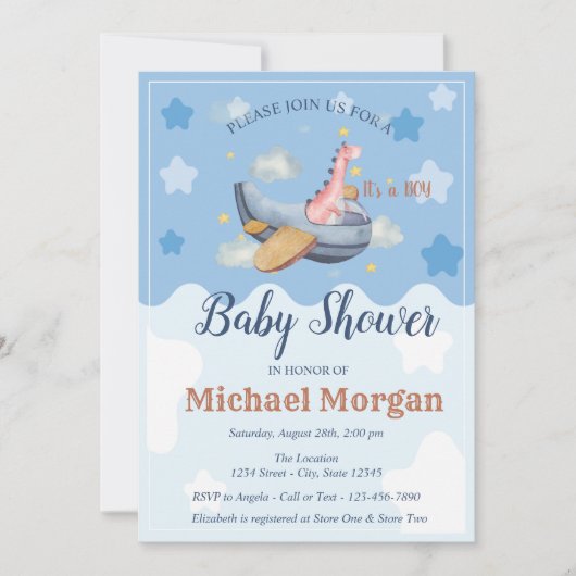 飛行機Dino雲それは男の子のシャワーだ 招待状 (正面)