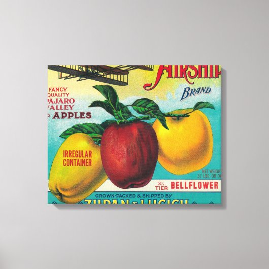 飛行船Apple Crate LabelWatsonville、カリフォルニア州 キャンバスプリント (正面)