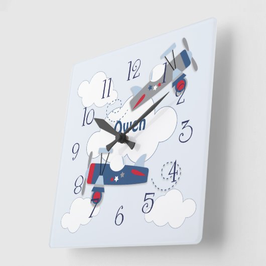 飛行飛んでいる機アドベンチャー男の赤ちゃん子供部屋時計 スクエア壁時計 (傾斜)