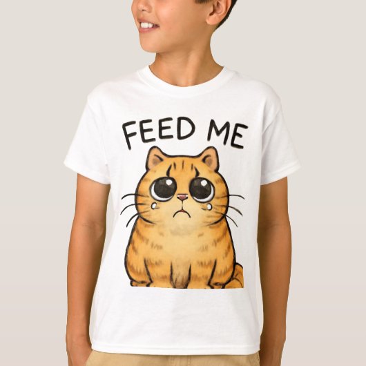 食おもしろい品を見つめる飢えた猫 Tシャツ (正面)