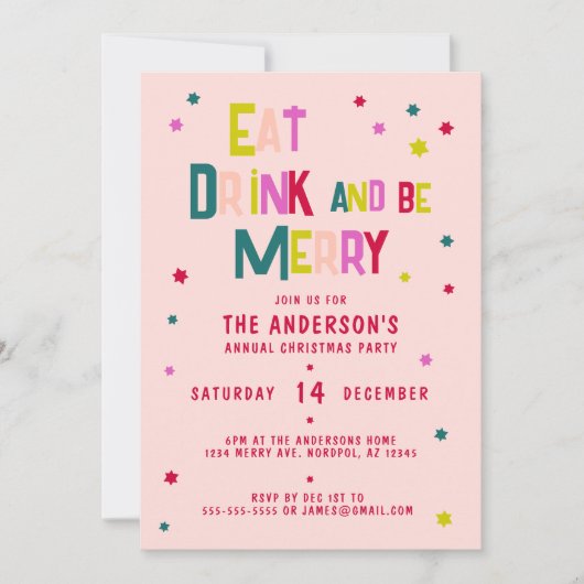 「食べて、飲んで、そして楽しく！」パーソナライズされたピンク色の頬紅 招待状 (正面)