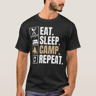 食べる寝るキャンプ繰り返す女の子 Tシャツ