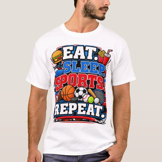 食べる寝るスポーツ繰り返す Tシャツ (正面)