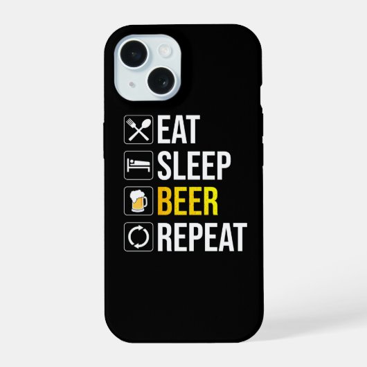 食べる寝るビール繰り返す iPhone 15ケース (裏面)