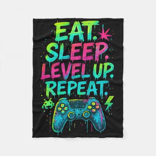 食べる寝るレベルアップ繰り返す面白いゲーマーゲーム フリースブランケット (正面)