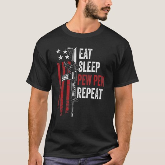 食べる 眠る ペウ リピート 銃所有者 USA Ar15 フラッグ Tシャツ (正面)