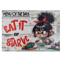 「食べろ、でないと餓死だ」料理風刺漫画アート カッティングボード