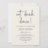食べろ、飲め、踊れ、エレガントなネイビーブルーの駆け落ち 招待状 (正面)