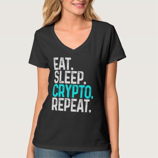 食べスリープ暗号繰り返しおもしろい暗号通貨ブロック Tシャツ (正面)