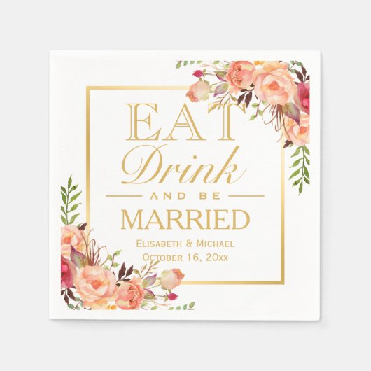 食べドリンクとオ結婚したレンジ素朴フローラ金ゴールド スタンダードカクテルナプキン (正面)