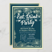 食べドリンクとパーティーの結婚青い金ゴールドフラワーライト 招待状 (正面/裏面)