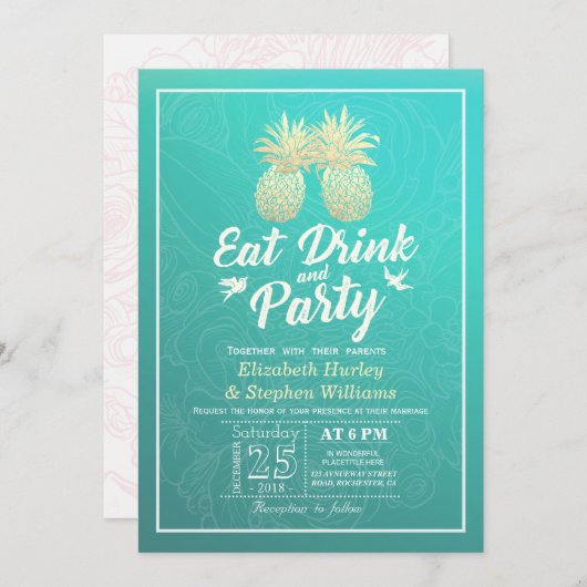 食べドリンクとパーティー結婚のゴールデンパイナップルカップル 招待状 (正面/裏面)