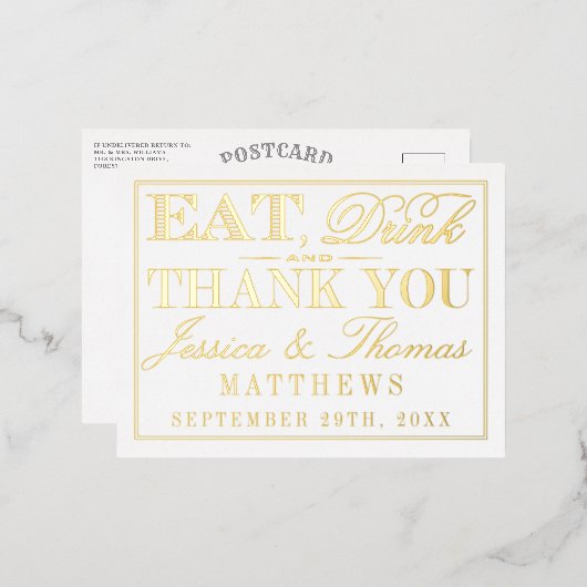 食べドリンクと結婚したお礼結婚を実在言う 箔招待状ポストカード (正面/裏面)