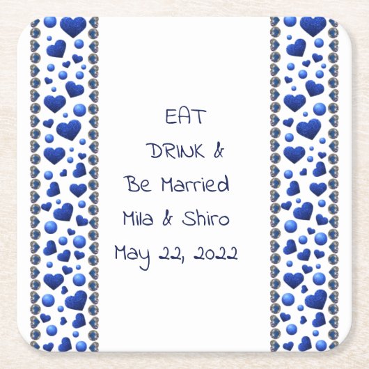 食べパーソナライズされた&Drink、ブルーグリッターハート スクエアペーパーコースター (正面)