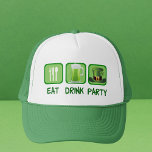 食べパーティーおもしろいを飲む キャップ<br><div class="desc">セントカッコいい・パトリックの日の帽子で食べは、のシンボルの横にドリンクとパーティーの言葉を特集し、緑のビールのマグカップとセント・パディの日のレプラーチョーハット。</div>