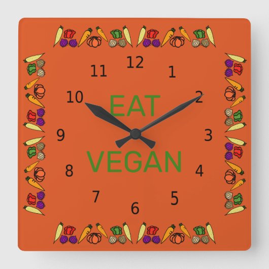 食べビーガン、カラフル野菜、黒い数字 スクエア壁時計 (正面)
