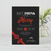 食べモダン、ドリンクBeメリークリスマス赤いリボンブラック 招待状 (スタンド正面)