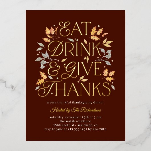 食べ与え感謝していThanksing Dinnerパーティー 箔招待状ポストカード (正面)