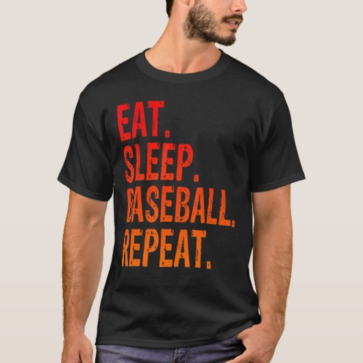 食べ寝野球リピートおもしろい選手 Tシャツ (正面)