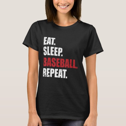 食べ寝野球リピートおもしろい選手 Tシャツ (正面)