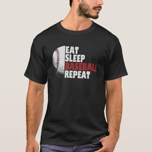 食べ寝野球リピートおもしろい選手 Tシャツ (正面)