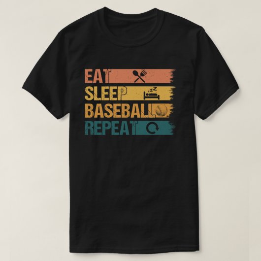 食べ寝野球リピートおもしろい選手 Tシャツ (デザイン正面)