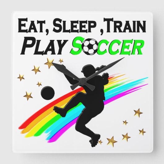 食べ寝電車のサッカー遊選手 スクエア壁時計 (正面)