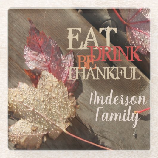 食べ感謝の気持ち素朴で飲む ガラスコースター (正面)