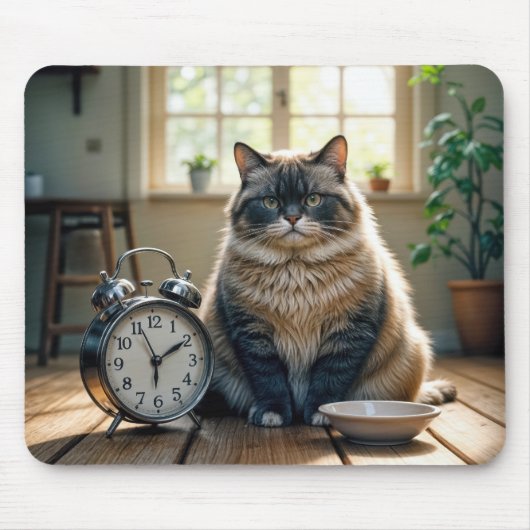 食べ物が空っぽの器で待っている太った猫 マウスパッド (正面)