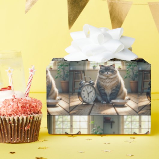 食べ物が空っぽの器で待っている太った猫 ラッピングペーパー (誕生日パーティー)