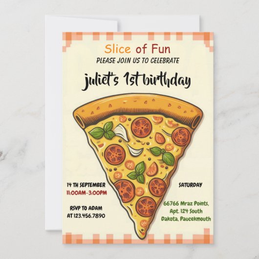 食べ物が詰まった男の子の10代の子ピザ最初の誕生日 招待状 (正面)