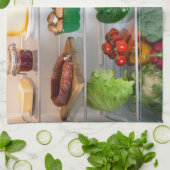 食べ物でいっぱいのオープン冷蔵庫 キッチンタオル (折り畳み)