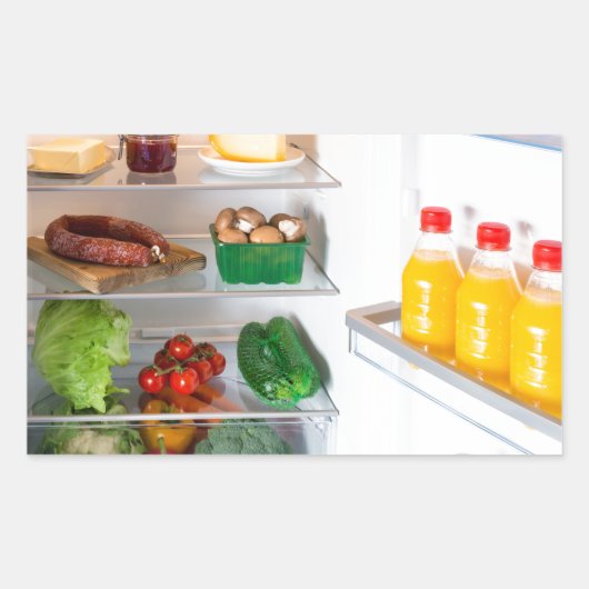 食べ物でいっぱいのオープン冷蔵庫 長方形シール (正面)
