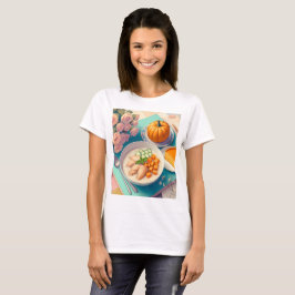 食べ物とカボチャのプレートを載せたテーブル Tシャツ