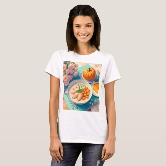 食べ物とカボチャのプレートを載せたテーブル Tシャツ (正面フル)