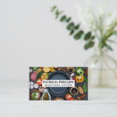 食べ物とフライパンをテーブルに | シェフレストラン 名刺 (スタンド正面)