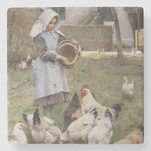 食べ物を与えのニワトリ（ウォルター・フレドリック・オズボーンによる） ストーンコースター (正面)