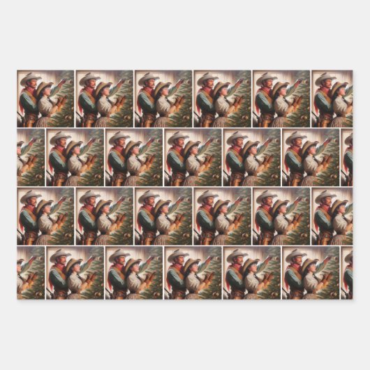 食べ物を与えCowboy Hatのツリー飾クリスマス ラッピングペーパーシート (正面3)