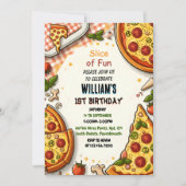 食べ物少年の女の子の10代のピザに最初の1歳の誕生日 招待状 (正面)