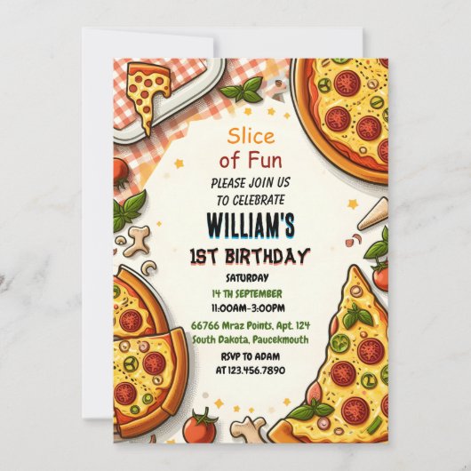 食べ物少年の女の子の10代のピザに最初の1歳の誕生日 招待状 (正面)