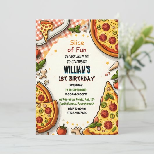 食べ物少年の女の子の10代のピザに最初の1歳の誕生日 招待状 (スタンド正面)