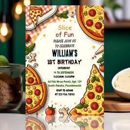 食べ物少年の女の子の10代のピザに最初の1歳の誕生日 招待状