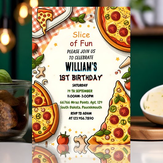 食べ物少年の女の子の10代のピザに最初の1歳の誕生日 招待状