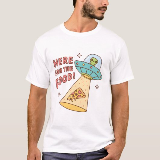 食べ物目当てのエイリアン ピザ 面白い落書き Tシャツ (正面)
